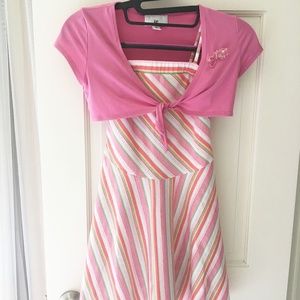 IZ Byer Kids Pink Stripes Summer Party Holiday Sun Dress with Removable Shrug 6X